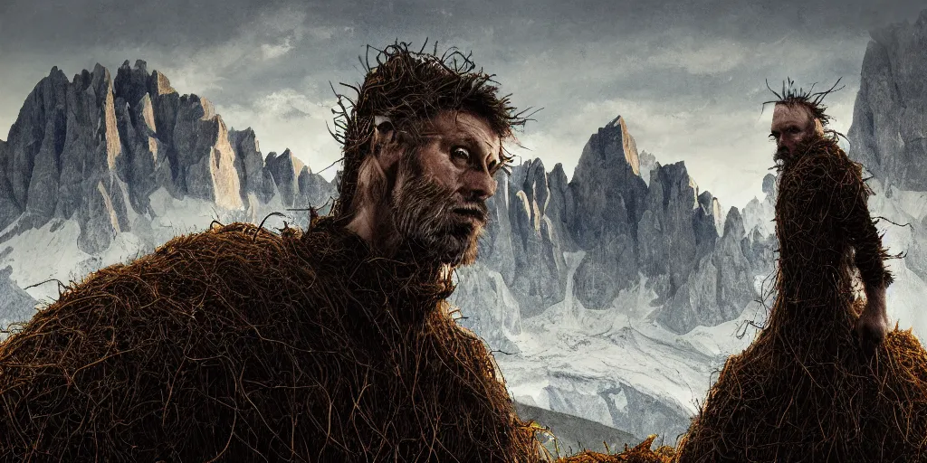 Image similar to alpine farmer transforming into a monster ,roots and hay coat, dolomites in background, dark, eerie, despair, portrait photography, artstation, digital art, concept art, artstation, highly detailed, sharp focus, by caravaggio