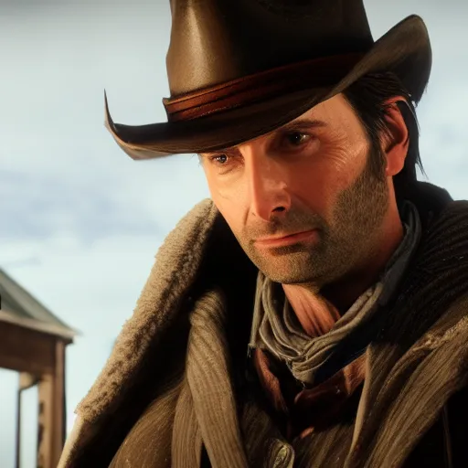 Prompt: Film still of David Tennant, from Red Dead Redemption 2 (2018 video game)