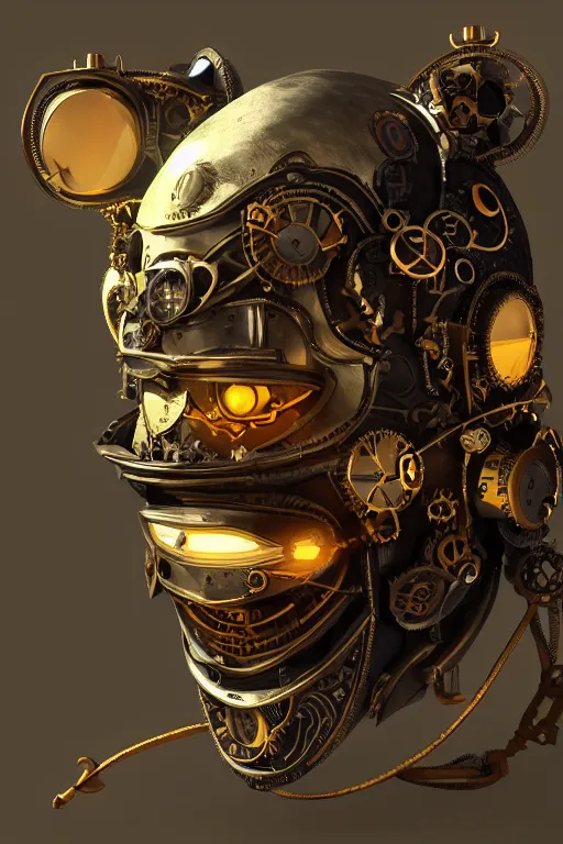 Image similar to steampunk mask minimalist fantasy art robot ninja helmet, global illumination ray tracing hdr fanart arstation by sung choi and eric pfeiffer and gabriel garza and casper konefal radiating a glowing aura