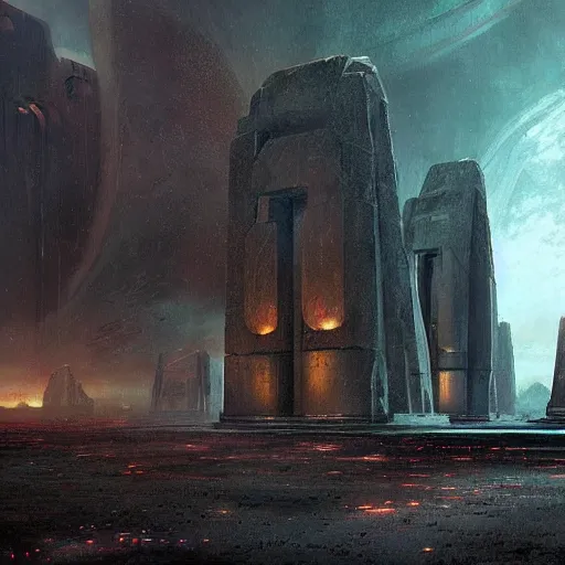 Image similar to pulp fantasy concept art painting of an alien civilisation, sacred monoliths, futuristic, technocracy, shrines, by greg rutkowski and james gurney