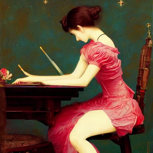 Image similar to painting by frederic edwin church, balaskas christoper, conrad roset, coby whitmore, and chie yoshii. of a pretty cute kawaii japanese girl sitting on antique chair leaning against a desk, sideview, victorian room