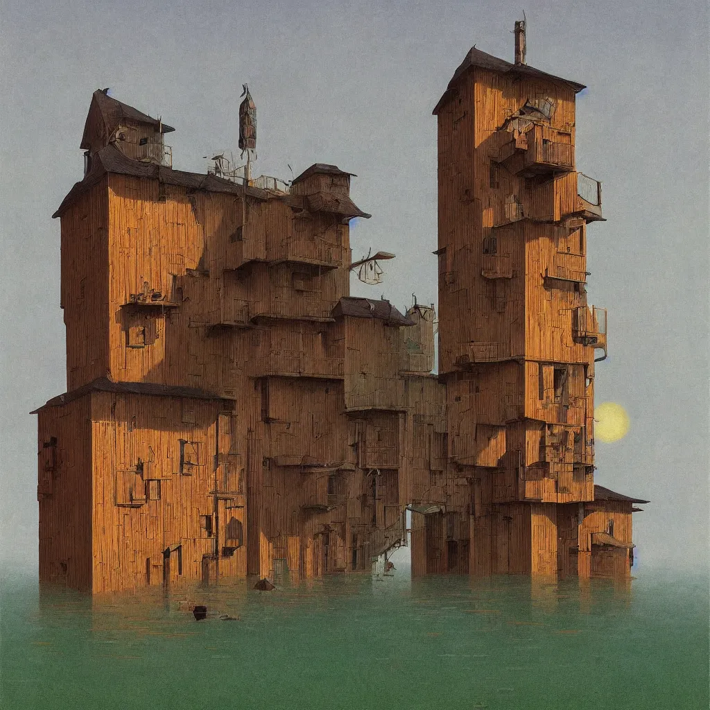 Image similar to single flooded simple wooden tower, very coherent and colorful high contrast!! masterpiece by rene magritte simon stalenhag carl spitzweg syd mead norman rockwell edward hopper james gilleard, minimalist, dark shadows, sunny day, hard lighting