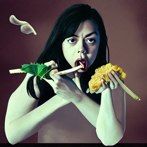 Image similar to young vampire aubrey plaza eating a clove of garlic, art by beeple