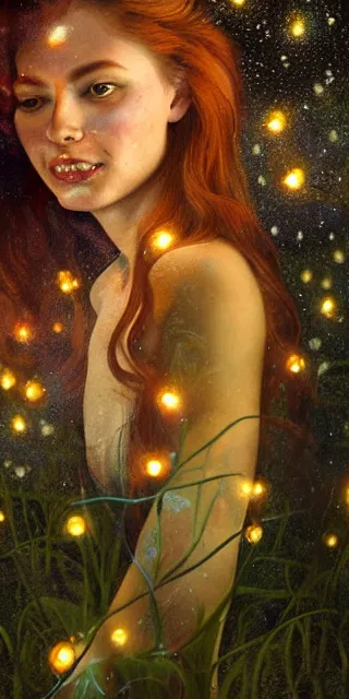 Image similar to young woman, smiling amazed, surrounded by firefly lights, full covering intricate detailed dress, amidst nature, long red hair, precise linework, accurate green eyes, small nose with freckles, smooth oval shape face, empathic, expressive emotions, dramatic lights, hyper realistic ultrafine art by artemisia gentileschi, jessica rossier, boris vallejo