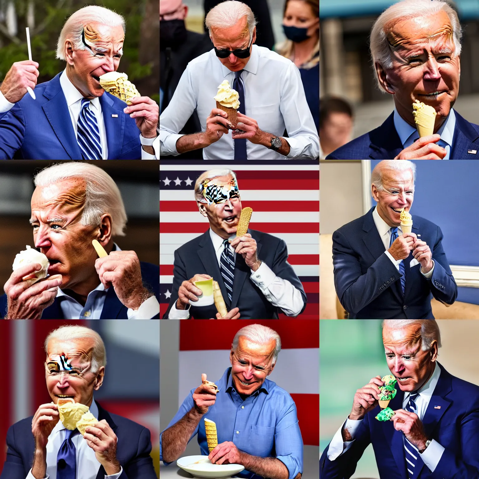 Prompt: joe biden eating an ice cream with brifght dotted lines across them