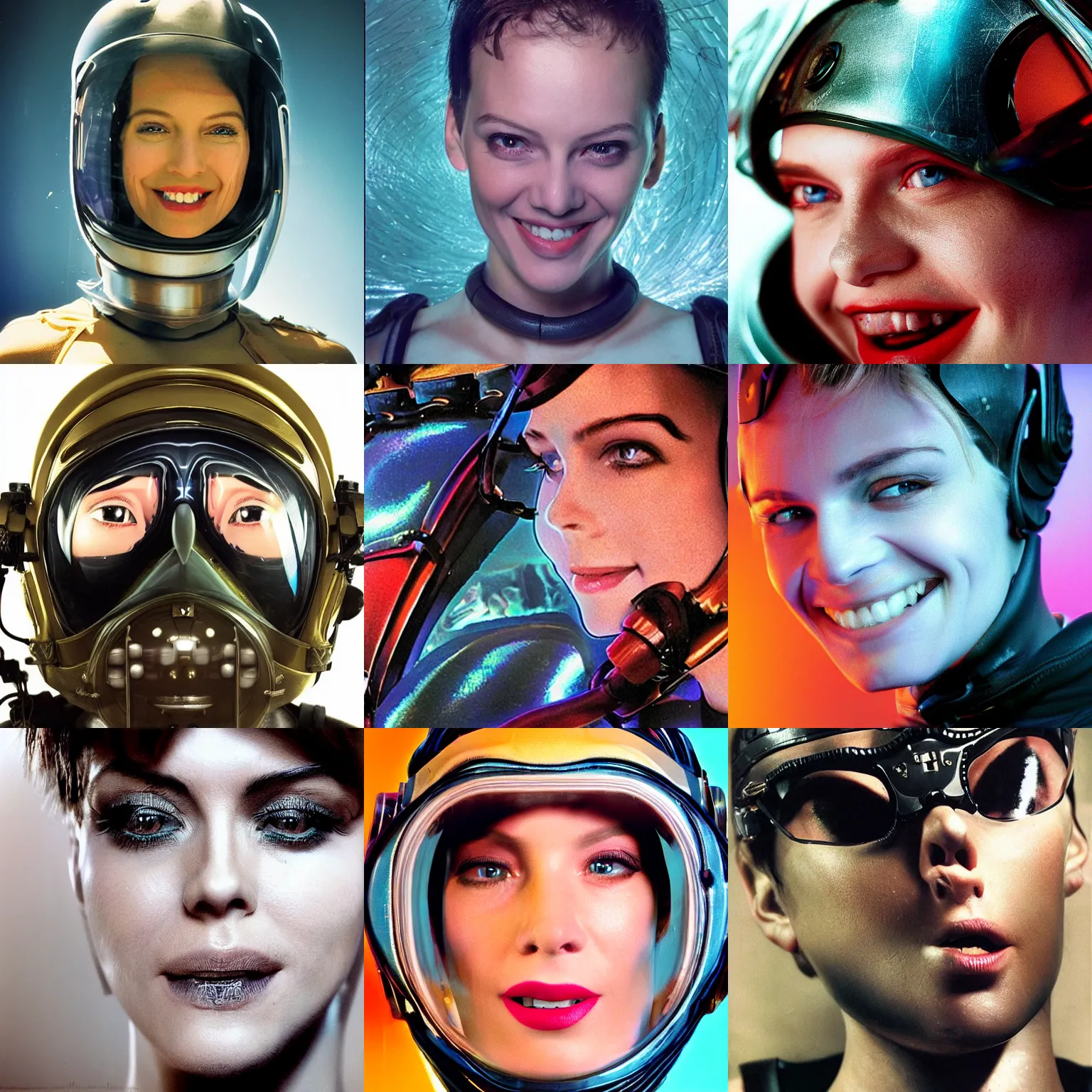 Prompt: beautiful extreme closeup portrait photo in style of 1990s frontiers in retrofuturism deep diving helmet fashion magazine wachowski edition, highly detailed, focus on smile, soft lighting