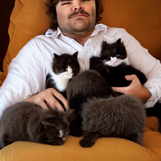 Image similar to jack black cuddling with kittens