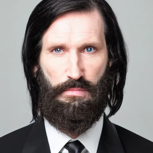 Image similar to studio photo of a handsome middle aged caucasian man, with pale skin, long wavy black hair, full beard, hooked nose, wearing a black suit, 8k, high resolution,