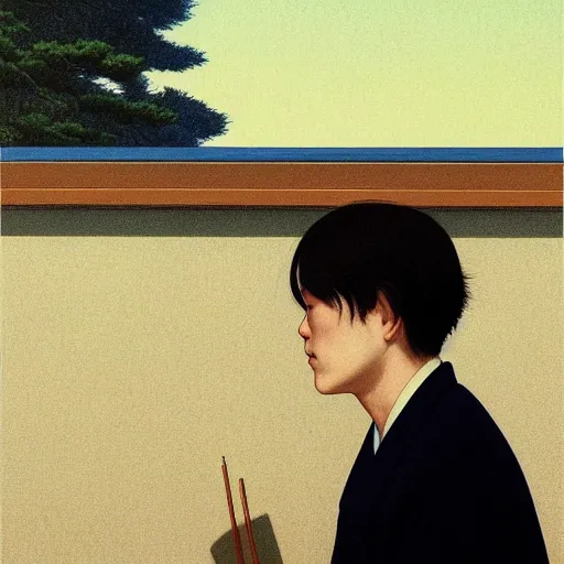 Prompt: a realistic portrait of a man staring at the camera with dramatic lighting, by kawase hasui, moebius, edward hopper, muted flat surreal design, hd, 8 k, artstation