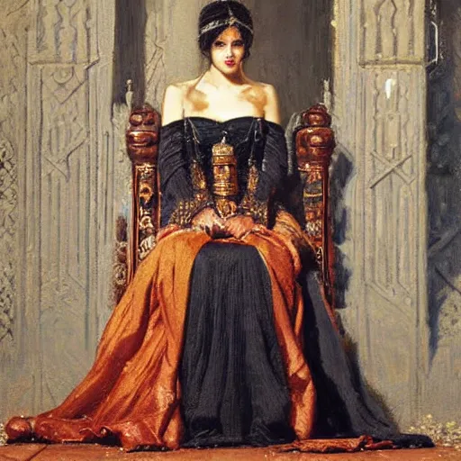 Image similar to a oil painting of a fair skin with dark curly stylised hair queen wearing dress on a throne, medieval arabic, by frederick william elwell, by otomo highly detailed, realistic, concept art, jewels, oriental, desaturated