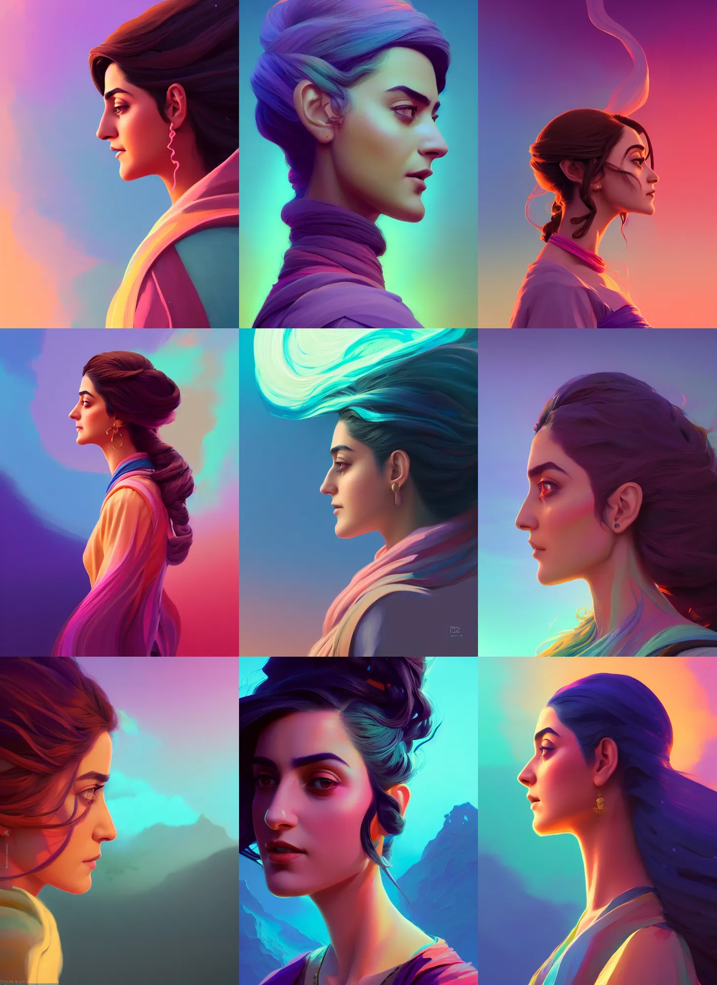 Prompt: side profile painted portrait, maya ali, wind wizard, gloomhaven, matte painting concept art, art nouveau, beautifully backlit, swirly vibrant color lines ripples, pastel colors, aesthetic octane render!, 8 k hd resolution, by ilya kuvshinov and cushart krentz and gilleard james