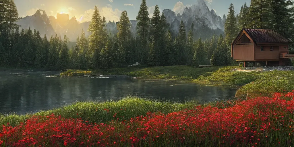 Prompt: a serene landscape with a singular building near a lake at sunrise, forest, mountains, clouds in the sky, concept art, octane render, unreal engine 5, trending on DeviantArt, highly detailed, high quality, 4K, low contrast, path traced, godrays, bloom, Ferdinand Knab, beautiful landscape, red flowers, trending on Artstation, soft lighting, hyperrealistic, digital art