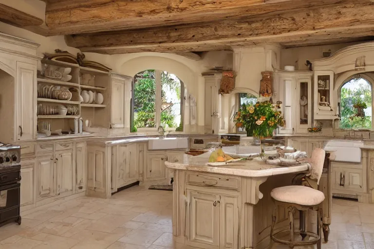 Image similar to interior photo of very very beautiful kitchen in provence style, photorealism,