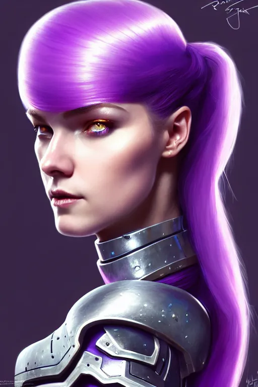 Image similar to alexey gurylev, close up portrait, pale woman in sci - fi armor with purple ponytail hair, mysterious, deep focus, d & d, complex, elegant, highly detailed, digital painting, artstation, concept art, matte, clear focus, illustration, hearthstone, artgerm art, greg rutkovsky and alphonse mucha