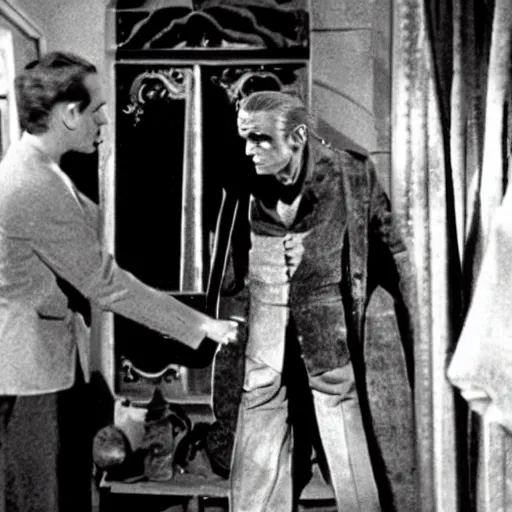 Prompt: wardrobe scene from the vampire on the boulevard starring boris karloff