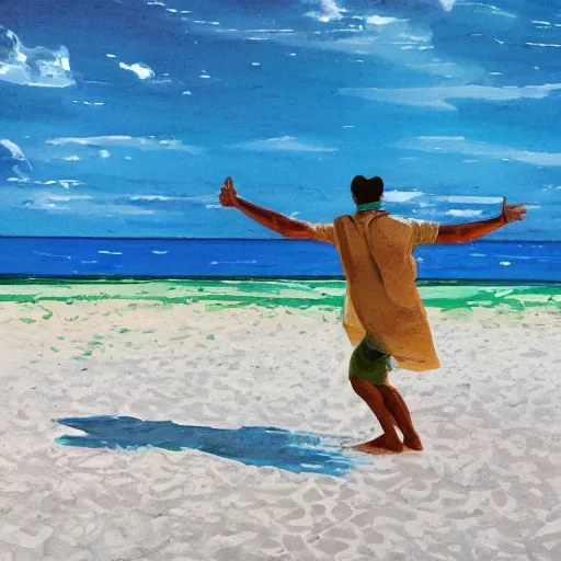 Image similar to artistic representation of a happy man dancing alone in aruba on the beach