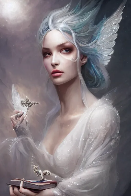 Image similar to beautiful ghost model wearing crystal white dress, holding book, rest face expression, diamonds, angel, fantasy, dramatic lighting, highly detailed, digital painting, magic the gathering, hyper detailed, 3 d render, hyper realistic detailed portrait, peter mohrbacher, wlop, ruan jia