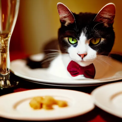 Prompt: A photo of a cat wearing a bowtie sitting in a fancy and expensive gourmet restaurant and eating a plate of cat food. f/2.8, dim lighting, award winning photo
