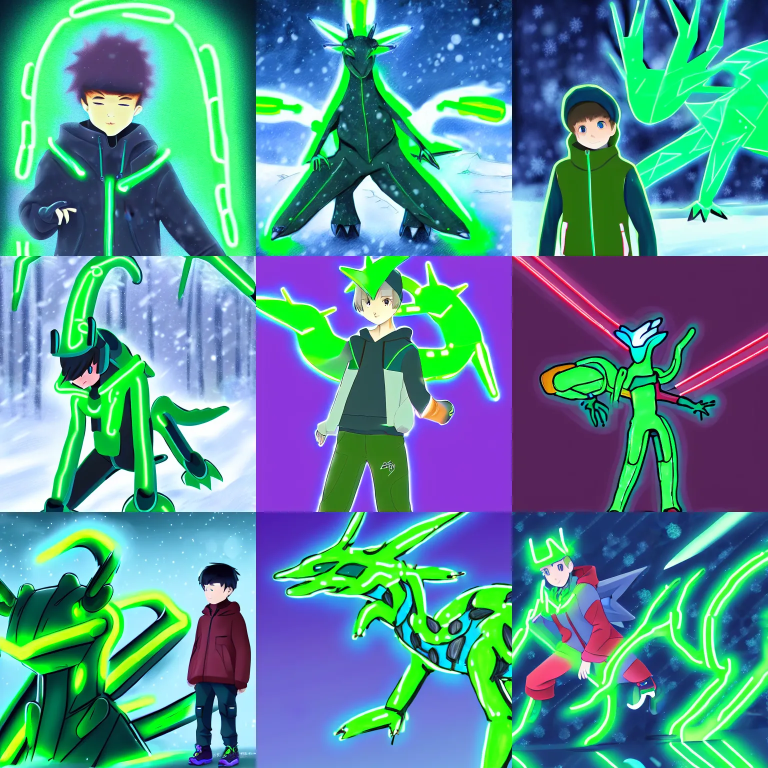 Prompt: a boy in winter clothing facing a neon green dialga, digital art, very detailed, anime, pokemon, 8 k hd