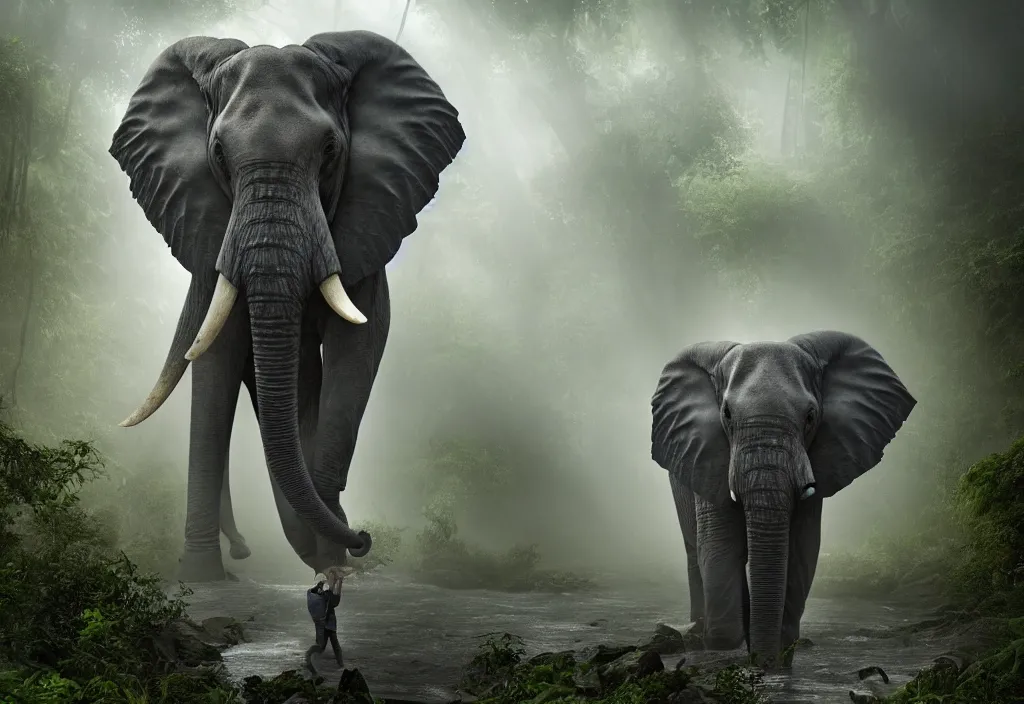 Prompt: an enormous elephant king, his trunk is a huge tentacle, in a jungle with ominous light from above, ambient light, fog, river, symmetrical, poetic