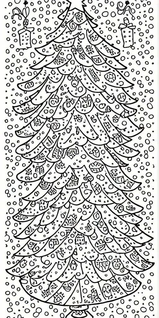 Image similar to black and white coloring book page of christmas trees, christmas decorations and candy canes