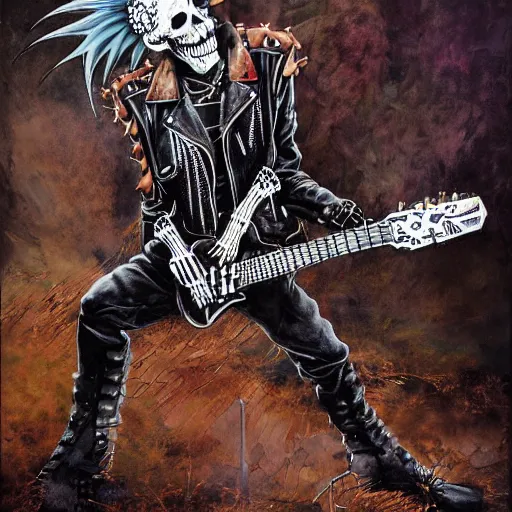 Prompt: a portrait of the grim reaper as a punk rocker playing an electric guitar, punk, skeleton face, mohawk, dark, fantasy, leather jackets, spiked collars, spiked wristbands, piercings, boots, ultrafine detailed painting by frank frazetta and vito acconci and michael whelan and takeshi obata, death note style, photoshop details