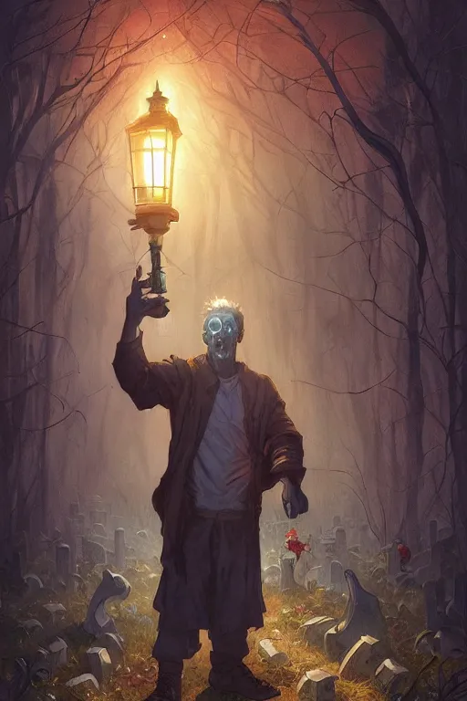 Image similar to male senior holding a lantern in a cemetery several zombies, highly detailed, digital painting, artstation, concept art, smooth, sharp focus, illustration, art by artgerm and greg rutkowski and alphonse mucha and andrei riabovitchev