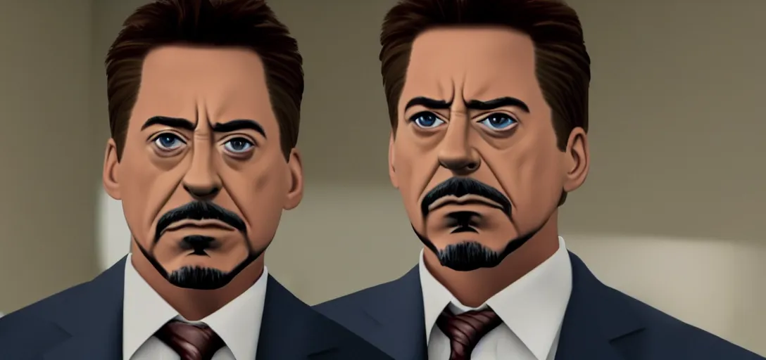 Image similar to a very high resolution image of tony stark. from an episode of the office with micheal scott. photorealistic, photography