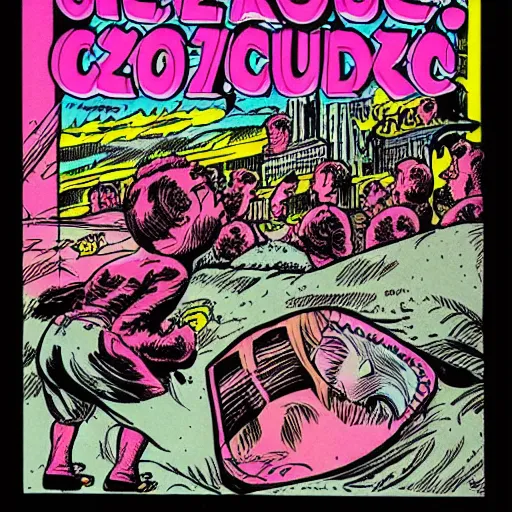 Image similar to risoprint of an underground comic book, azure and pink colors, comic art, robert crumb