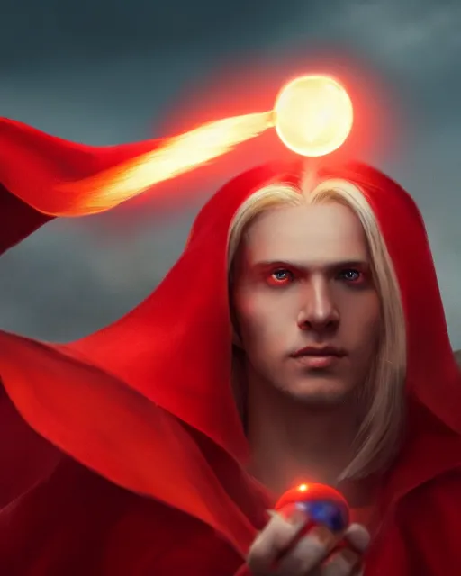 Prompt: close up character portrait of a blond sorcerer in a red scaled cape, casting a light spell, holding a glass sphere by greg rutkowski, trending on artstation, unreal engine 4 k, 8 0 mm, 8 5 mm, cinematic wallpaper