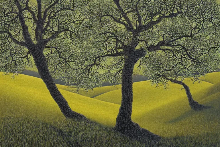 Image similar to masterpiece painting of oak trees on a hillside overlooking a creek, dramatic lighting, by annie ovenden