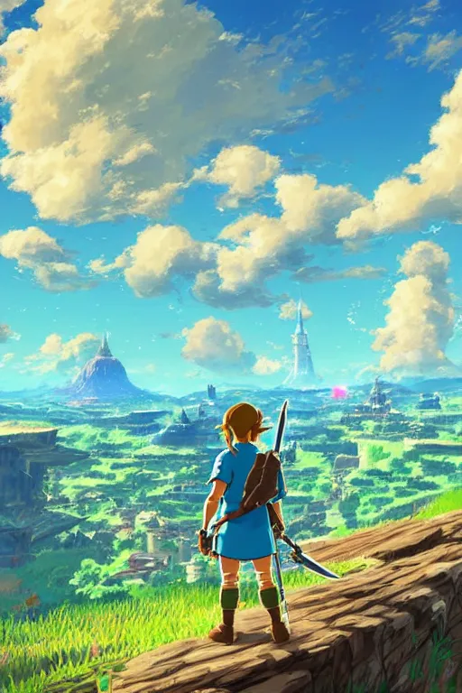 Image similar to skyline, Details, illustration , in the style of Studio ghibli, breath of the wild, myazaki, anime, clean render, denoise, rule of thirds