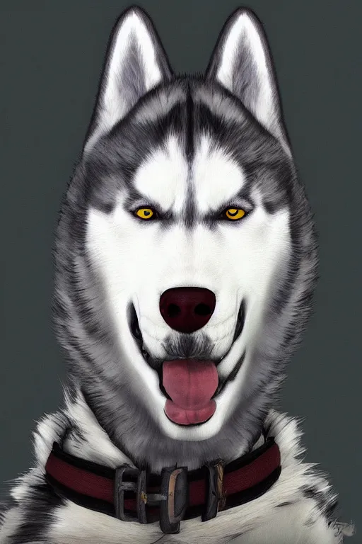 Image similar to a portrait painting of a husky in cowboy costume in the style of anime, [ western film ], [ character design ], humanoid, personify, anthropomorphic, trending on artstation, [ the sims 4 ]