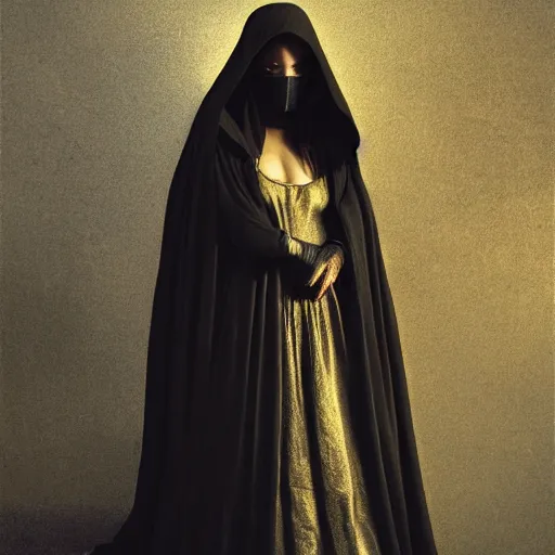 Image similar to a portrait of a young woman wearing a long dark cloak, hood and shadows covering face, holding golden chains, oil painting, matte painting, black background, Volumetric Golden dappled dynamic lighting, Highly Detailed, Cinematic Lighting, Unreal Engine, 8k, HD, by Beksinski