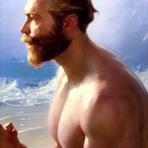 Image similar to detailed cinematic wide shot of sea captain muscular attractive masculine man beard slim face symettrical face clean skin blue eyes white hair, ultra realistic, spring light, painting by gaston bussiere, craig mullins, j. c. leyendecker