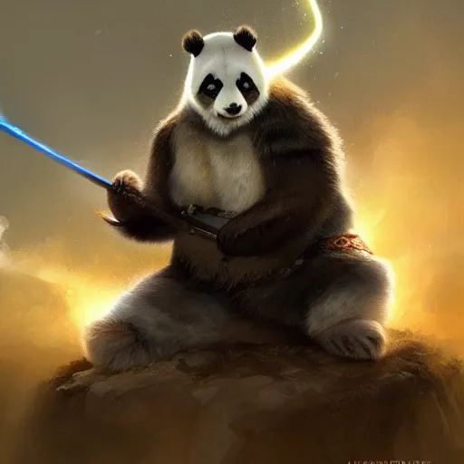 Prompt: a beautiful Norse Warrior based on a Panda Bear with glowing aura by Greg Rutkowski and Raymond Swanland, Trending on Artstation, cloudy background, ultra realistic digital art