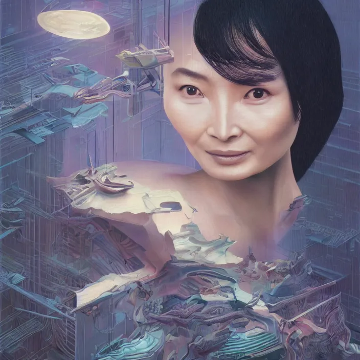 Image similar to maggie cheung, science fiction, extremely detailed, sharp focus, pastel colors, intricate, hard light, illustration, volumetric lighting, digital painting, by roger dean, by santiago calatrava, by vermeer