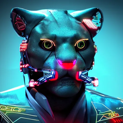 Image similar to portrait of a neon cyberpunk cyborg jaguar animal, octane render