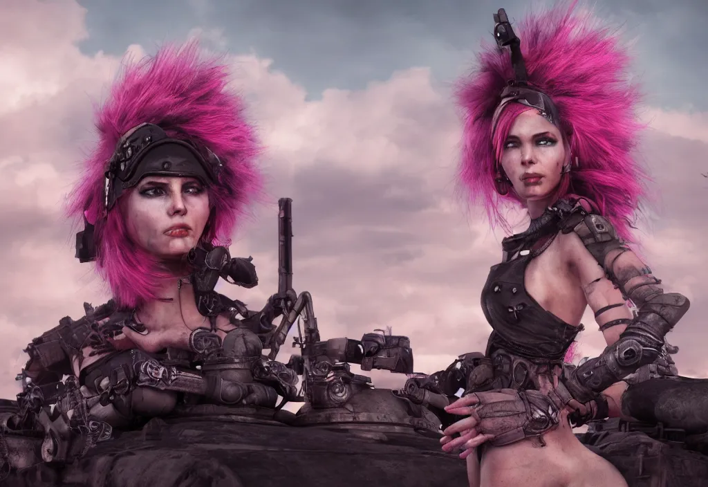 Image similar to beautiful apocalyptic woman with pink Mohawk, posing on mad max panzer tank, 4k ultra hd, fantasy dark art, artstation, octane render