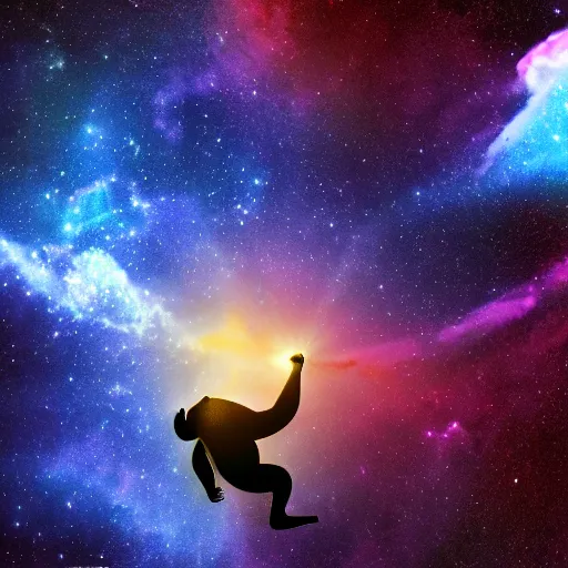 Image similar to A chimpanzee floating through outer-space, reaching out and touching a nebula with its finger, digital art, 8k