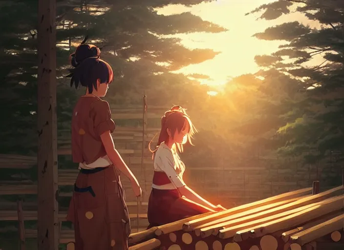 Image similar to portrait of a woman building a log cabin, illustration concept art anime key visual, very trippy and abstract, trending pixiv fanbox by wlop and greg rutkowski and makoto shinkai and studio ghibli and kyoto animation