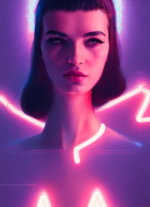 Image similar to portrait of female humanoid, intricate, retro 6 0 s fashion, elegant, cyber neon lights, highly detailed, digital photography, trending in artstation, trending in pinterest, glamor pose, concept art, smooth, sharp focus, art by artgerm and greg rutkowski