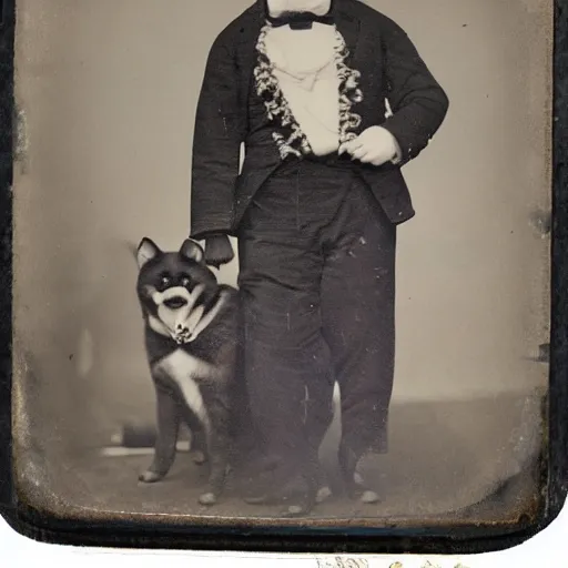 Prompt: daguerreotype photograph of an akita inu in fancy victorian dress