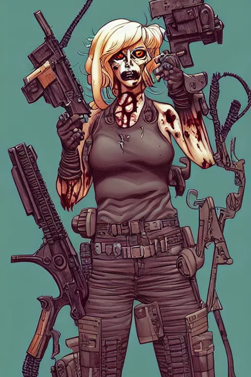 Image similar to comic cover art of a zombie gunslinger, inspired by gunsmith cats and tank girl, illustration by jenny frison and sana takeda, intricate details, stunning inking lines, stunning gradient colors, 4 k, hd, artstation