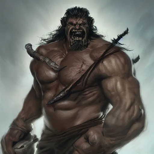 Prompt: portrait of a young ruggedly handsome hulking herculean orc bugbear demon barbarian, male, masculine, upper body, night black hair, fantasy, frown, war face paint, intricate, elegant, highly detailed, digital painting, artstation, concept art, matte, sharp focus, illustration, art by artgerm and greg rutkowski and alphonse mucha