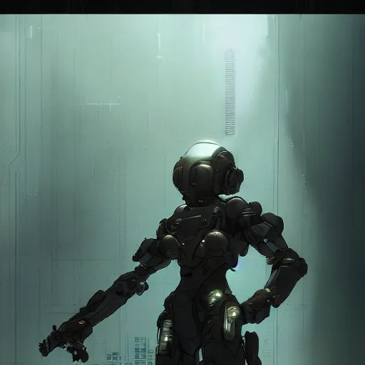 Image similar to a smiling soldier in futuristic gear, she is standing in front of a concrete wall, scifi art, dramatic lighting, illustration by Greg rutkowski, yoji shinkawa, 4k, digital art, concept art, trending on artstation