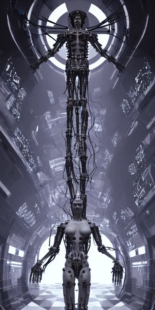 Prompt: high detailed dark space station interior a statue jesus on cross made of white marble, perfect symmetrical body, full body shot, inflateble shapes, wires, tubes, veins, jellyfish, white biomechanical details, wearing epic bionic cyborg implants, masterpiece, intricate, biopunk, vogue, highly detailed, artstation, concept art, cyberpunk, octane render