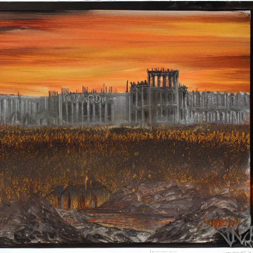 Image similar to trump at mar-a-lago, gothic wasteland, desolate, apocalyptic sunset, fading light, yellow and orange tint, painting