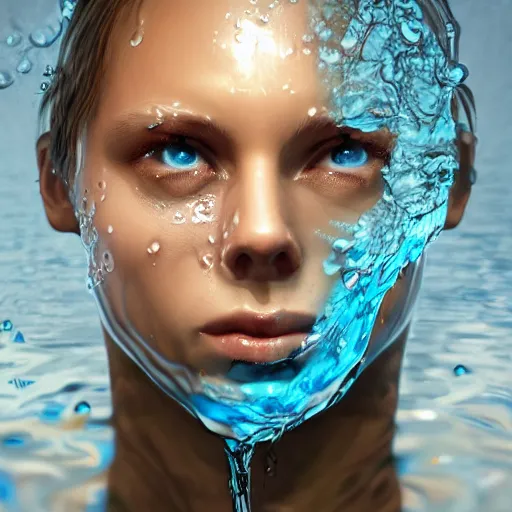 Image similar to the face of a person entirely made of water. Water formed into the shape of a human. Amazing beautiful fantasy art, trending on artstation