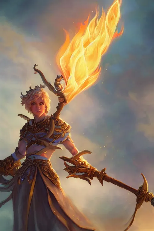 Image similar to legendary fairy prince hold flame staff, blue energy, highly detailed, d & d, fantasy, highly detailed, digital painting, trending on artstation, concept art, sharp focus, illustration, global illumination, ray tracing, realistic shaded, art by artgerm and greg rutkowski and fuji choko and viktoria gavrilenko and hoang lap